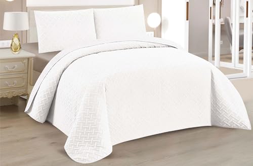 BESCH Colcha Boutis para Primavera y Verano con Relieve Trenzado de Color Blanco + 2 Funda Cojin...