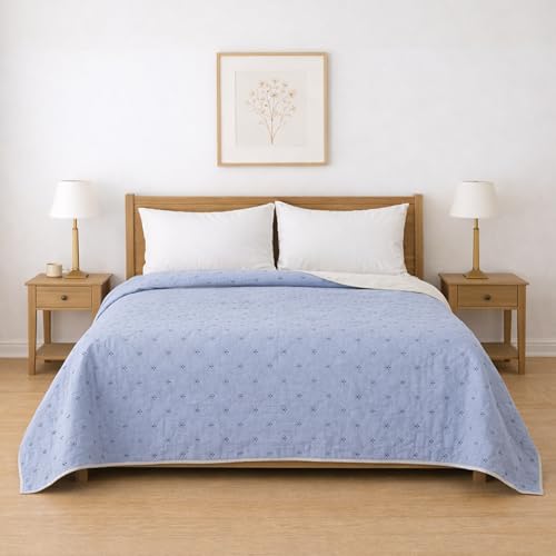 BESCH Colcha Boutis para Primavera y Verano Reversible Color Azul y Gris Claro Muy Fina Ligera 240 x...
