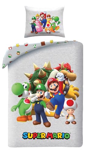 Juego de cama Super Mario reversible, funda nórdica de 140 x 200 cm y funda de almohada de 65 x 65...