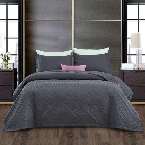 CHIXIN Colcha King de 240 x 260 cm, Color Gris Oscuro, Acolchada, Matelasse en Relieve, Ligera,...