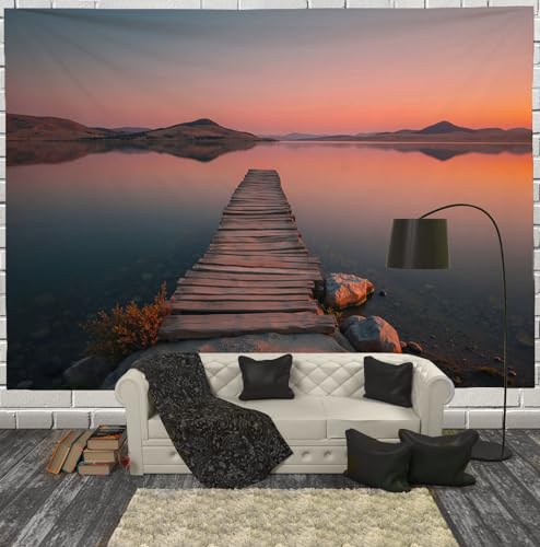 JRISEMECY Tapiz Pared Decoraci&oacute;n De Interiores 100X75Cm Lago Con Puente De Madera Retro Naranja...