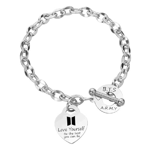 NHPY BTS Pulsera de Acero Inoxidable,Pulsera BTS Ajustable,Pulsera Unisex de Plata,con Colgante de...
