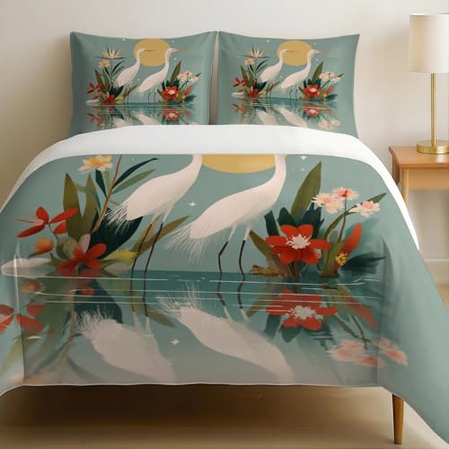 Juego de Ropa de Cama 150x200 cm garzas, Flores, Hierba y Lagos Microfibra Funda n&oacute;rdica y Fundas...