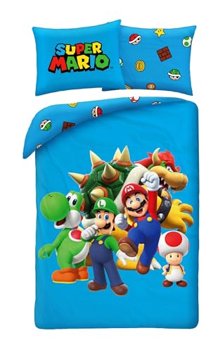 Super Mario con Luigi Toad Bowser y Yoshi - Juego de cama funda nórdica 140 x 200 cm + funda de...