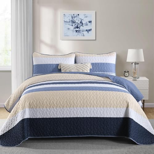 Dinjoy Juego de edred&oacute;n Azul tama&ntilde;o King, Colcha Bohemia Gris a Rayas, Juego de Ropa de Cama de...