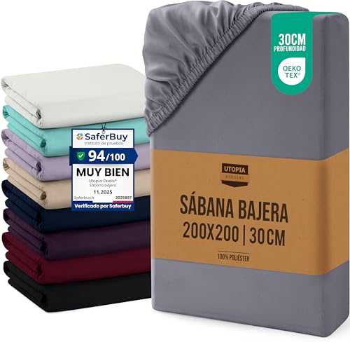 Utopia Bedding Sabana Bajera 200x200x30 cm - Gris - Bolsillo Profundo - Certificado Oeko Tex -...