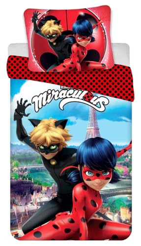 Jerry Fabrics Miraculous Ladybug und Cat Noir - Juego de cama infantil (140 x 200 cm, funda de...