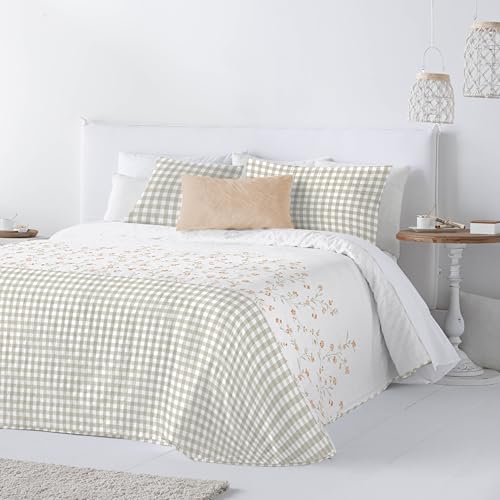 Colcha Bouti Reversible | Estampado de Flores y Cuadro Vichy | Relleno Ligero 100g | Cama de...