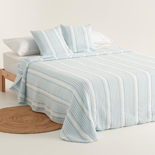 GAMUSI Colcha Cama 105 cm Rayas Moderna Ligera Primavera Verano algod&oacute;n, 200x270 cm, Color Celeste
