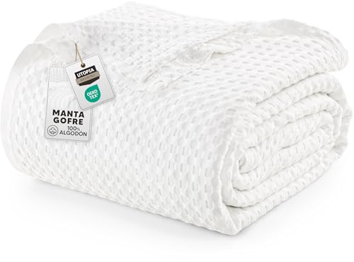 Utopia Bedding Manta Tipo Gofre De Algod&oacute;n De 300 gsm (Blanco - 228x228 cm), Edred&oacute;n Suave, Ligero...