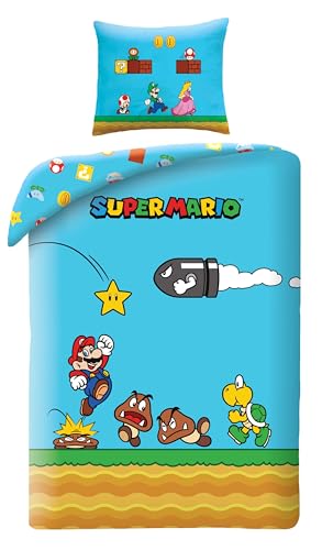 Juego de cama Super Mario azul, funda nórdica de 140 x 200 cm + funda de almohada, 100% poliéster