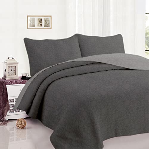 BESCH Colcha Boutis de Bicolor Reversible para Primavera y Verano (Gris, Cama 135-230x260 cm)