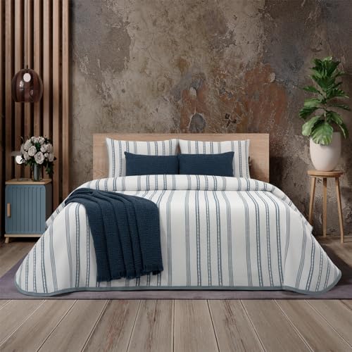 CASA da Laura &ndash; Colcha Righe Azul 280x260 cm Super King Size 50% Algod&oacute;n 50% Poli&eacute;ster