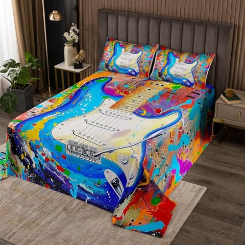Loussiesd Juego de colcha de guitarra rock vintage, tama&ntilde;o King, colcha de instrumentos musicales...