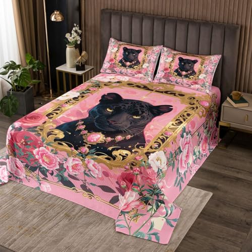 Manfei Colcha pantera, juego de ropa de cama con peon&iacute;as rosas rosas para ni&ntilde;os, adolescentes y...