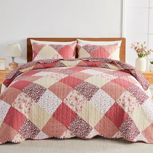 Qucover Colchas Cama 150, Conjunto de Cubrecama 230x250cm Estampado Multicolor Rojo Rose Beige con 2...