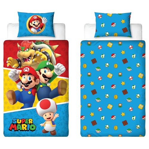 Nintendo Super Mario - Juego de Funda de edredón para Cama Individual, diseño de divisiones, Funda...