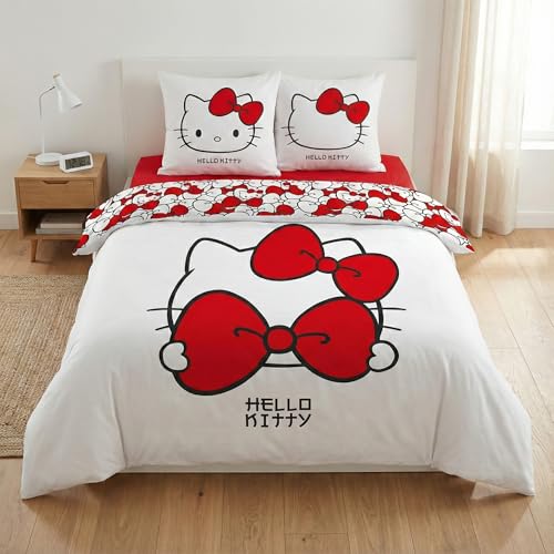 Aymax - Juego de cama doble Hello Kitty Bow, 2 personas, funda n&oacute;rdica reversible de 240 x 200 cm y...