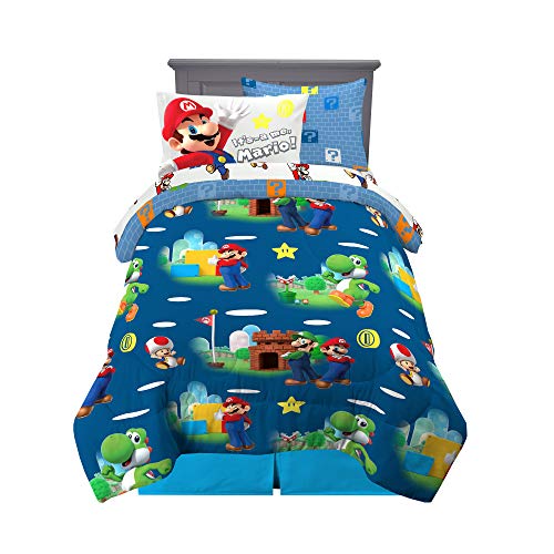 Juego de edred&oacute;n y s&aacute;banas reversibles s&uacute;per suaves Super Mario Bros para ni&ntilde;os, 5 piezas,...