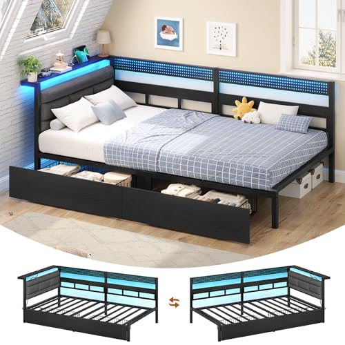 Cama tapizada sof&aacute; cama 90 x 200 cm con iluminaci&oacute;n LED, estaci&oacute;n de carga, Marco de Camas de...