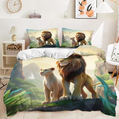 Qiqumax Juego de ropa de cama de 135 x 200 cm, dise&ntilde;o de le&oacute;n y le&oacute;n y rey de leones, funda...