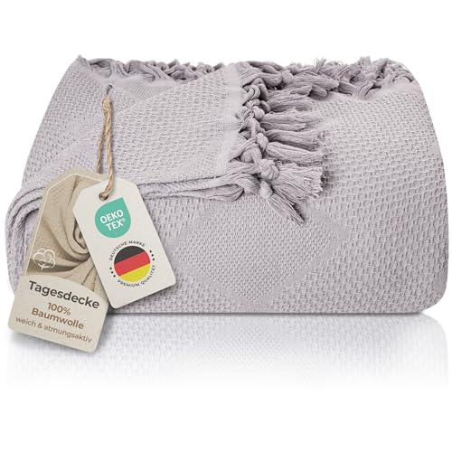 LAYNENBURG Premium Manta sof&aacute; con Flecos anudados a Mano - 100% algod&oacute;n - 150 x 220 cm - Colcha de...