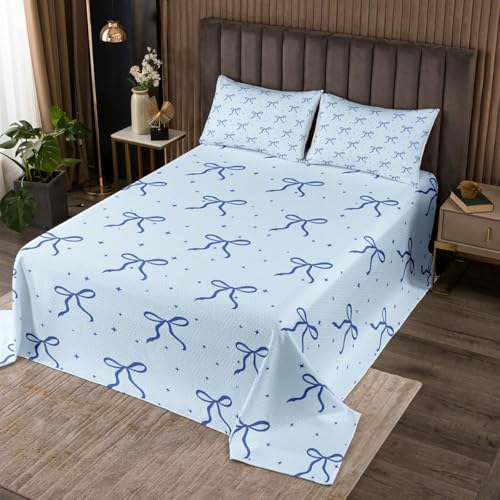 Homewish Juego de colcha con lazo azul para cama individual, dise&ntilde;o de lazos de coqueta, a la moda,...
