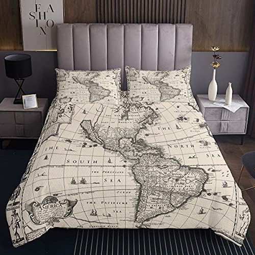 Homemissing Colcha acolchada con mapa del mundo con 2 fundas de almohada, 3 piezas, tama&ntilde;o King