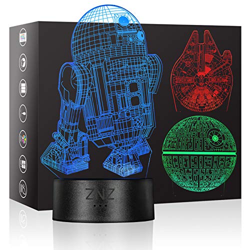 3D LED Star Wars Luz de noche, L&aacute;mpara de ilusi&oacute;n Death Star + R2-D2 + Millennium Falcon, Tres...