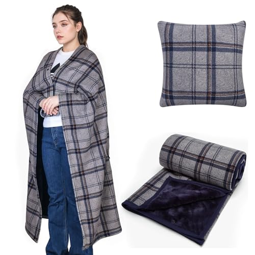 SIVENKE Manta Port&aacute;til Coj&iacute;n Compacto Manta de Regazo 2 en 1 para Mujeres Poncho de Forro Polar...