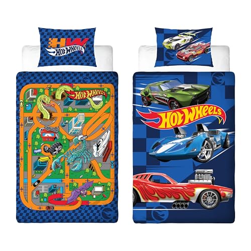 Hot Wheels - Juego de Funda de edred&oacute;n para Cama Individual con Licencia Oficial de dise&ntilde;o...