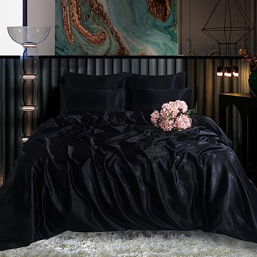 ROOEE Juego completo de ropa de cama de seda satinada, 6 piezas, s&aacute;bana bajera, funda n&oacute;rdica, 4...