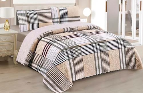 BESCH Colcha Boutis para Primavera y Verano Bicolor Reversible Estampado Rayas Marr&oacute;n + 2 Funda...