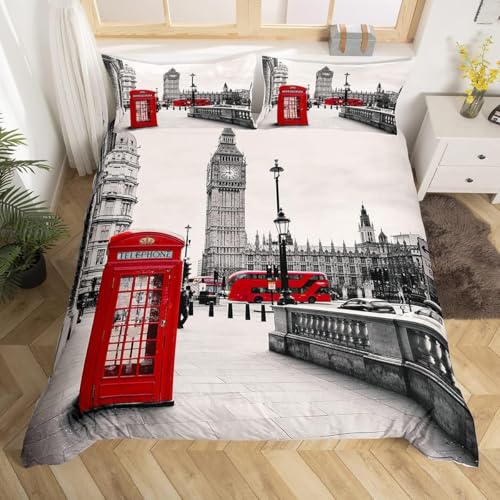 Funda Nordica Cama 90 Infantil Londres, Ropa de Cama Cabinas Telef&oacute;nicas Rojas de Microfibra...