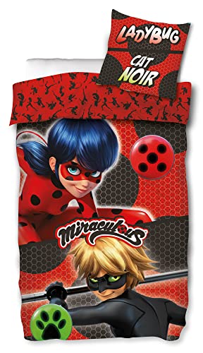 Miraculous Ladybug Duo - Juego de cama infantil (135 x 200 + 80 x 80 cm, 100% algod&oacute;n, lin&oacute;n...