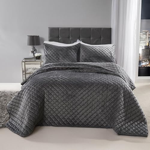 Emma Barclay Regent - Juego de Colcha de Terciopelo Acolchado Suave al Tacto en Plata - Cama Doble