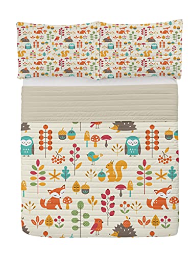 ABAKUHAUS Ni&ntilde;os Juego de Colcha de Microfibra, B&uacute;ho Fox Ardilla Aves, Juego de Cama Suave con...