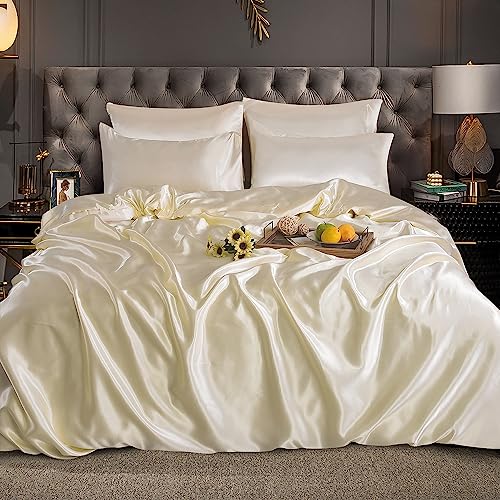 ROOEE Juego completo de ropa de cama de seda satinada, 6 piezas, s&aacute;bana bajera, funda n&oacute;rdica, 4...