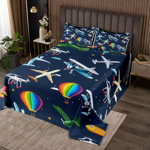 Manfei Juego de colcha de aviones para ni&ntilde;os, tama&ntilde;o King, juego de colcha de globo aerost&aacute;tico...