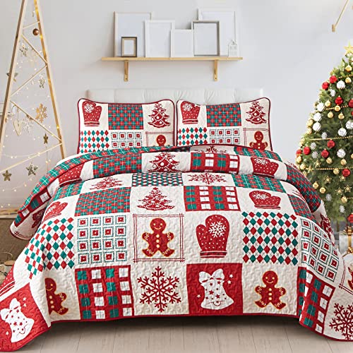 WONGS BEDDING Colcha de 220 x 240 cm, diseño de patchwork, color rojo, doble cara, copo de nieve,...