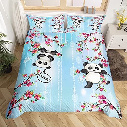 Juego de ropa de cama con dise&ntilde;o de panda, flores rojas, ropa de cama y lino para ni&ntilde;os y ni&ntilde;as y...
