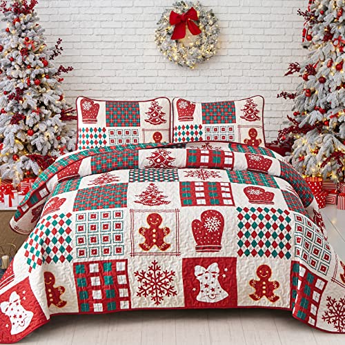 WONGS BEDDING Colcha de Navidad de 240 x 260 cm, patchwork rojo, doble cara, copo de nieve, manta...