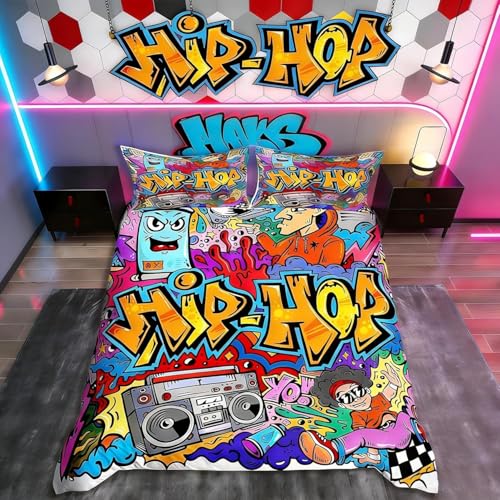 Hip Hop Radio Rock Youth Kids Graffiti Juego de Ropa de Cama ni&ntilde;os,Colorido,Novedad,2 Piezas,Funda...