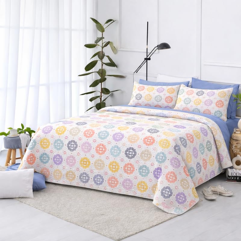 The one home Colcha Bout&iacute; Acolchada Reversible Dise&ntilde;o Mandalas Multicolor Pastel &ndash; 100%...