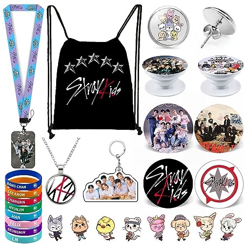 Stray Kids - Juego de regalo para ni&ntilde;os, incluye mochila con cord&oacute;n, collar, aretes, pulseras,...