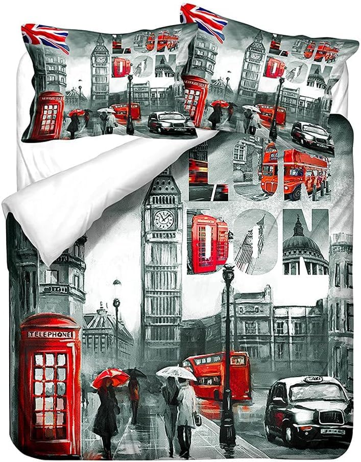 Funda Nordica Cama 90 Infantil Londres, 3D Juego de Ropa de Cama Vista de La Calle de La Ciudad de...